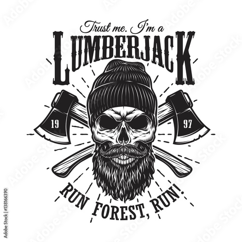 Vintage hipster lumberjack emblem with crossed axes behind the skull in beanie, with beard and moustache. Sunburst on background. Monochrome, isolated on white background.
