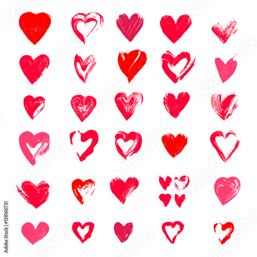 Painted hearts from grunge brush strokes. Collection of love symbols for Valentine card, banner. Distress texture design elements. Vector illustration. Isolated on white background. Freehand drawing.
