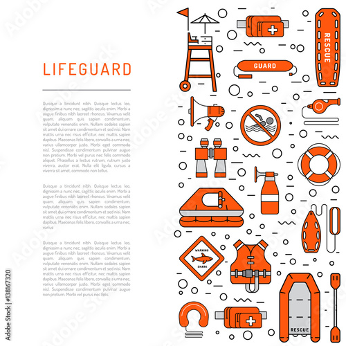 Lifeguard flat outline icons set with with equipment and rescue equipment for the rescue of drowning. Water rescue symbols isolated vector illustration