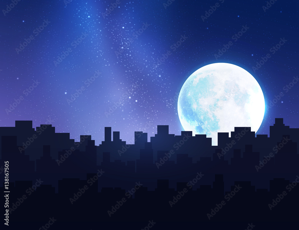 Full blue moon on night city. Vector illustration.
