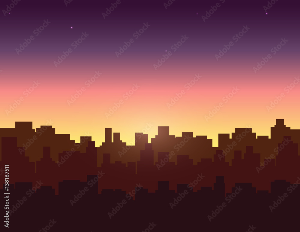 Evening sky over city buildings. Vector illustration.