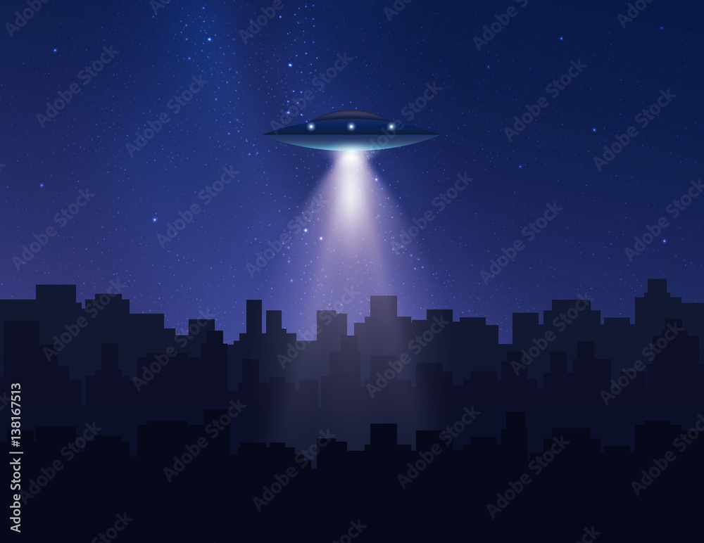UFO in night sky above city with radiant beam. Vector illustration ...