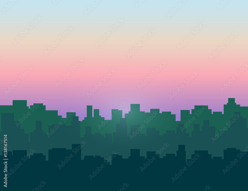 Morning sky above city buildings. Vector illustration.