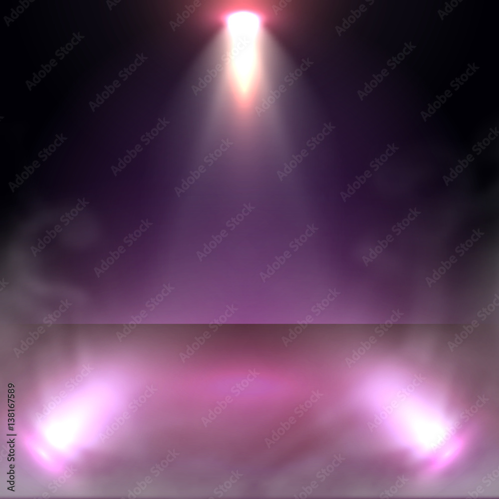 Illuminated stage with scenic lights and smoke. Stadium cloudiness  projector. Mist show room. White vector spotlight with smoke volume light  effect on black background. Stock Vector | Adobe Stock