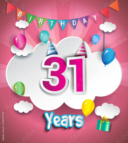 31years birthday Celebration Design, with clouds and balloons, confetti. using Paper Art Design Style, Vector template elements for your birthday celebration party photo