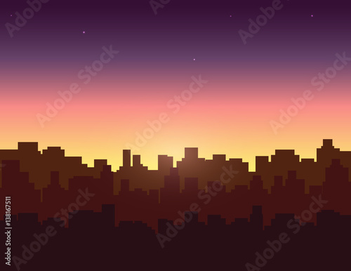 Evening sky over city buildings. Vector illustration.