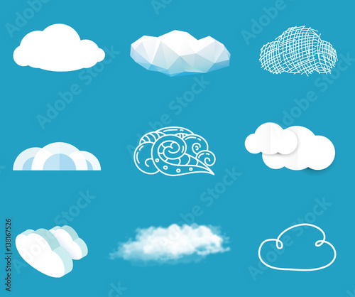Set of clouds in various styles on blue background. Vector illustration in flat, realistic, tribal, geometric, cartoon, isometric, polygonal, paper style.