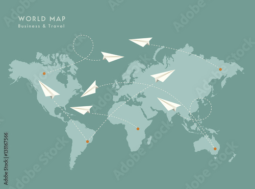 Vector paper airplanes trajectories on world map. Vector Illustration. 