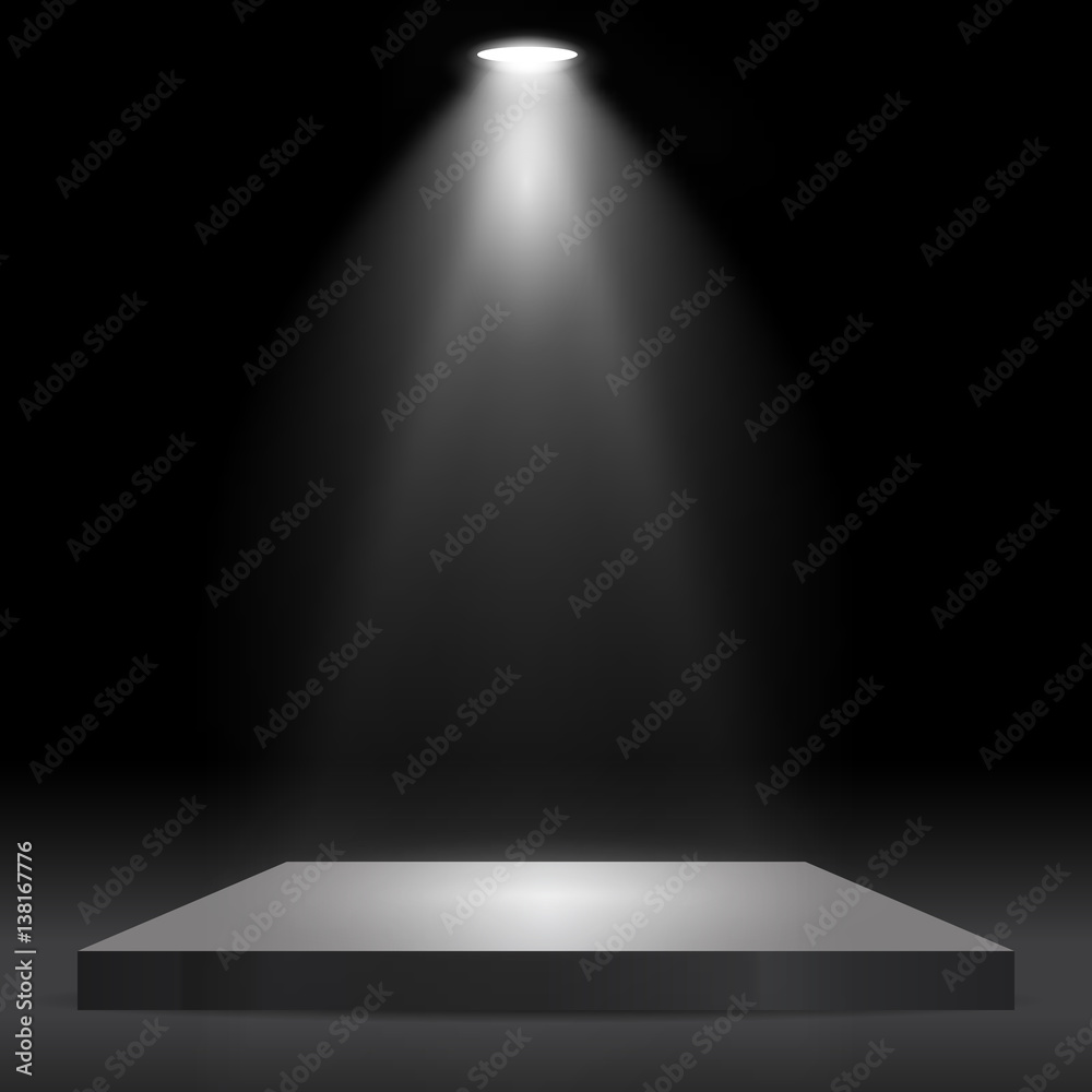 Square podium, pedestal or platform illuminated by spotlights on black background. Stage with scenic lights. Vector illustration. - obrazy, fototapety, plakaty 