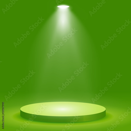 Round podium, pedestal or platform illuminated by spotlights on green background. Stage with scenic lights. Vector illustration.