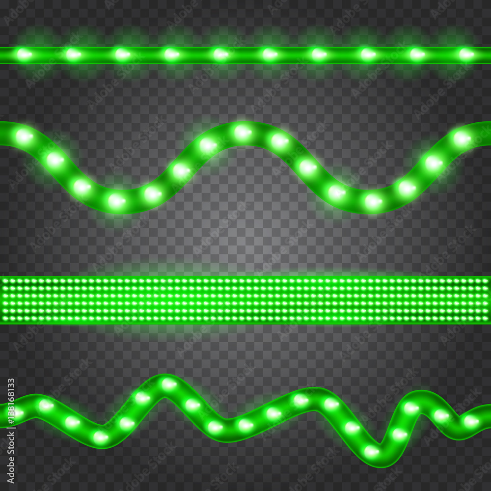 Set of realistic neon or led glowing light stripes on transparent background. Horizontal seamless objects.