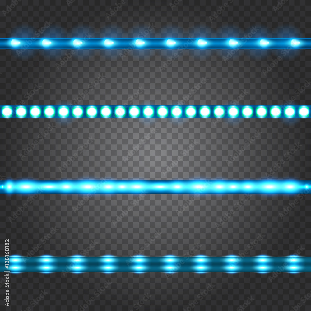 Set of realistic neon or led glowing light stripes on transparent background. Horizontal seamless objects.