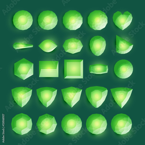 Set of realistic form gemstones. Colorful jewels. Green emeralds isolated on clean background.