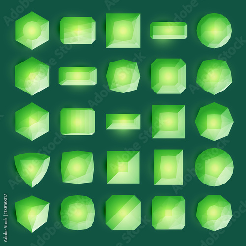 Set of realistic form gemstones. Colorful jewels. Green emeralds isolated on clean background.