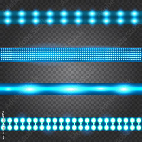 Set of realistic neon or led glowing light stripes on transparent background. Horizontal seamless objects.