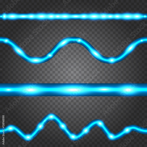 Set of realistic neon or led glowing light stripes on transparent background. Horizontal seamless objects.