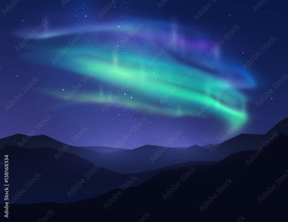 Beautiful northern lights in night sky over mountain. Vector illustration.