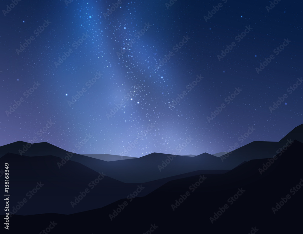 Beautiful night sky over mountain. Vector illustration.