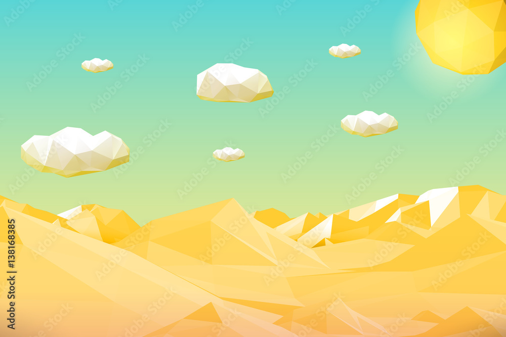 Fototapeta Abstract polygonal yellow desert or cliff landscape with mountains, hills, clouds and sun. Modern geometric vector illustration.