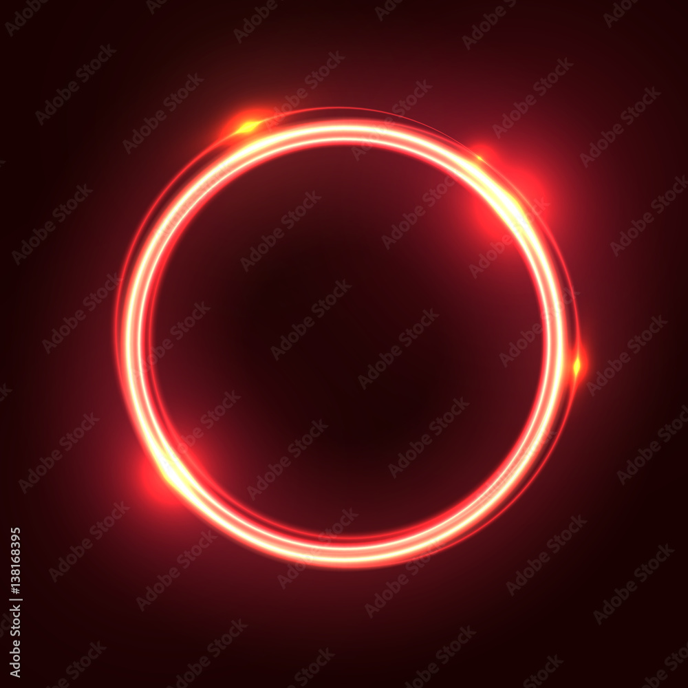Red abstract neon round shape. Glowing vintage or futuristic frame. Simple electric symbol for advertisement or other design project. Vector illustration.