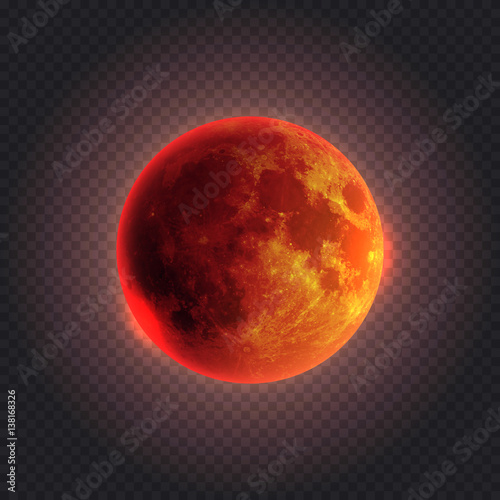Realistic detailed full red moon isolated on transparent background. Vector illustration. Easy to use.