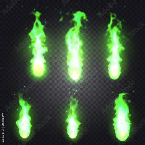 Set of bright realistic fire flames with transparency isolated on checkered vector background. Special light effects for design and decoration. Fireball easy to use.