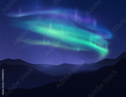 Beautiful northern lights in night sky over mountain. Vector illustration.