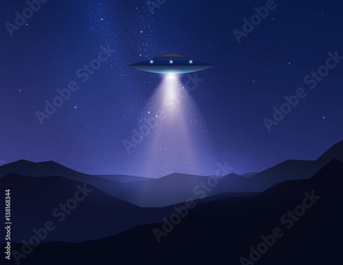 UFO in night sky over mountain emits light beam. Vector illustration.