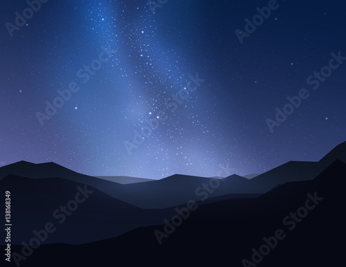 Beautiful night sky over mountain. Vector illustration.