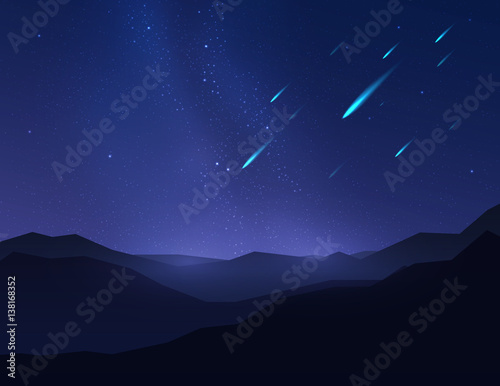 Falling Stars, asteroids or meteors in night sky over mountain. Vector illustration.