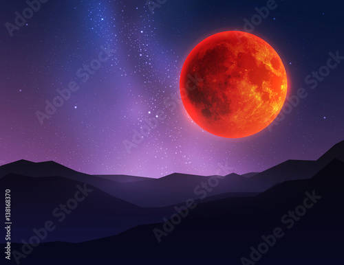 Big red moon in night sky over mountain. Vector illustration.