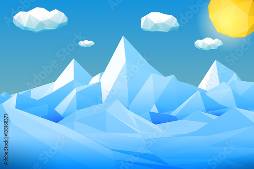 Abstract polygonal winter landscape with mountains, hills, clouds and sun. Modern geometric vector illustration.