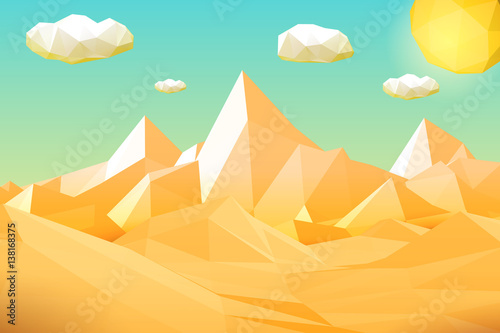 Abstract polygonal yellow desert or cliff landscape with mountains, hills, clouds and sun. Modern geometric vector illustration.