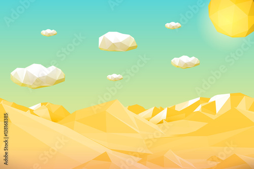 Fototapeta Abstract polygonal yellow desert or cliff landscape with mountains, hills, clouds and sun. Modern geometric vector illustration.