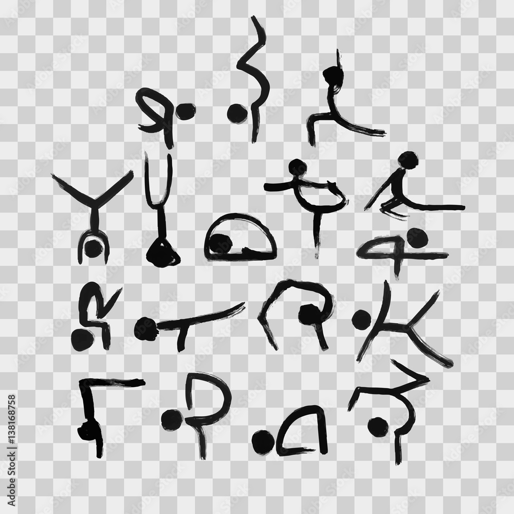 Stick figures in different yoga poses created by dry brush. Grunge calligraphy style. Stick figures in different yoga poses created by dry brush. Grunge calligraphy style.