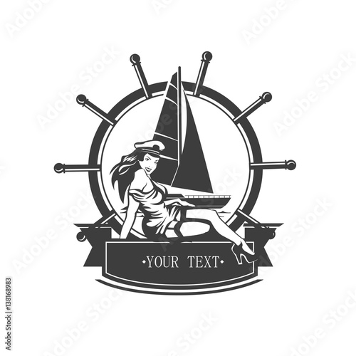 Vintage icon yacht and pin ap sailor girl. Vector illustration