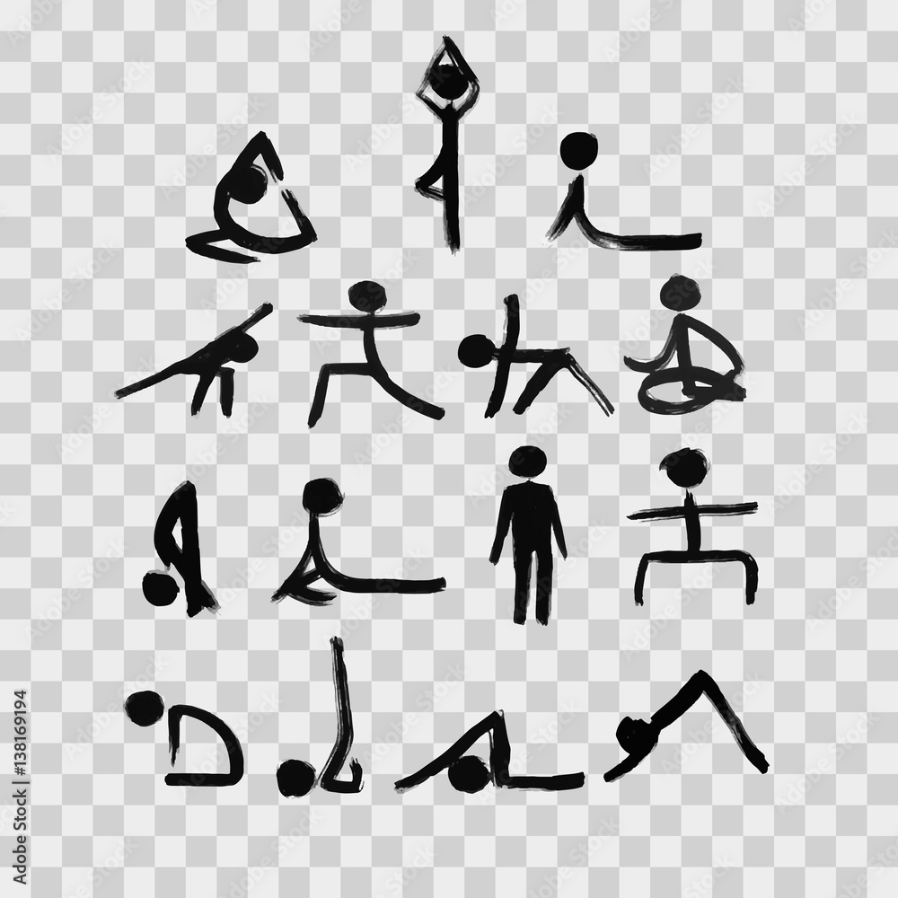 Stick figures in different yoga poses created by dry brush. Grunge  calligraphy style. Stock Vector