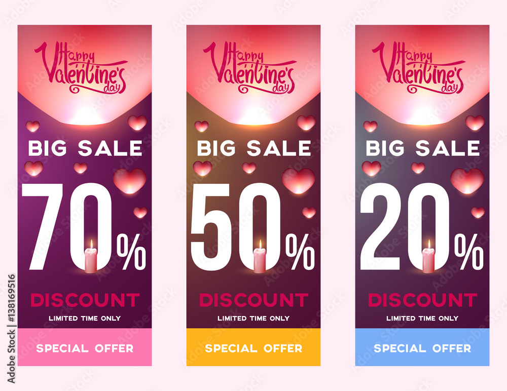 Set of vertical sale header or banner with discount offer for Happy Valentine's Day celebration, flyers, covers, posters, brochure, voucher. Vector illustration template. Set of vertical sale header or banner with discount offer for Happy Valentine's Day celebration, flyers, covers, posters, brochure, voucher. Vector illustration template.