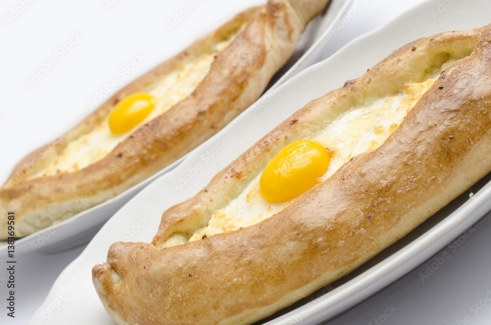 Adjara khachapuri. Georgian food. Adjara khachapuri. Georgian food.
