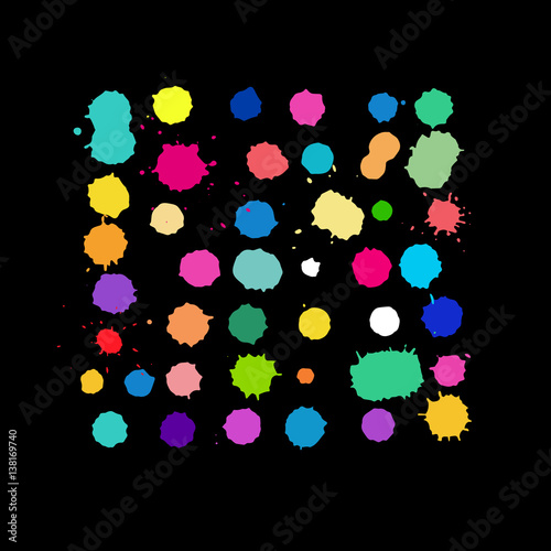 Hand drawn blots, splashes and blobs. Bright color blots on the black background.