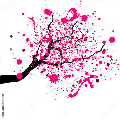 Naklejka Odosobniona gałąź z abstrakcjonistycznymi kwiatami Sakura. Różowy pył i rozpryski wyglądają jak kwiaty japońskiej wiśni.