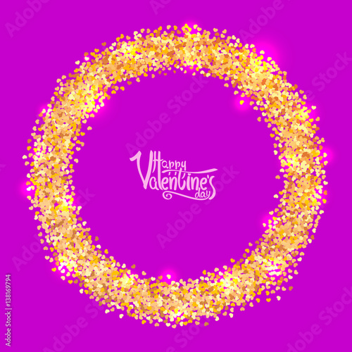 Circle with gold glitter particles in form of hearts, realistic effect, on pink background. Vector illustration.