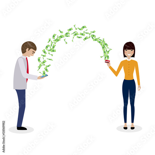 Man sending money using phone and woman receiving money to the card. World remittance infographic.
