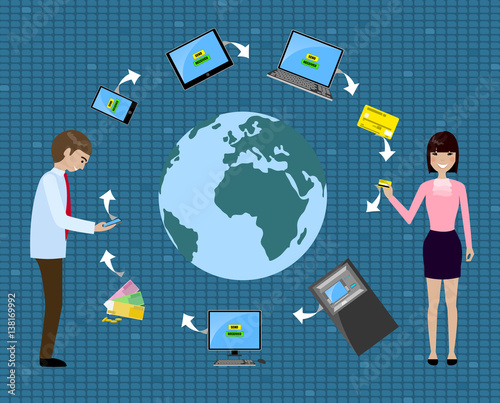 Man and woman sending money using phone, laptop, card and other devices. World remittance infographic.
