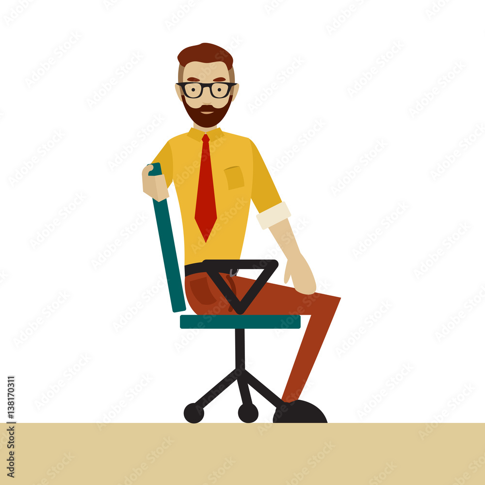 Man in business clothes is doing exercises for back on the office chair. Businessman in healthy twist pose.