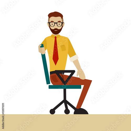Man in business clothes is doing exercises for back on the office chair. Businessman in healthy twist pose.