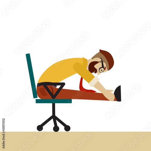 Man in business clothes is doing exercises for back on the office chair. Businessman in healthy forward bend pose.