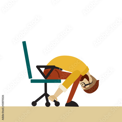 Man in business clothes is doing exercises for back on the office chair. Businessman in healthy forward bend pose.