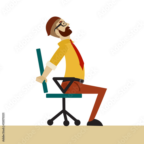 Man in business clothes is doing exercises for back on the office chair. Businessman in healthy backbend pose.