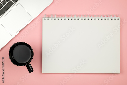 Minimal flat lay style picture of blank notebook page with different objects